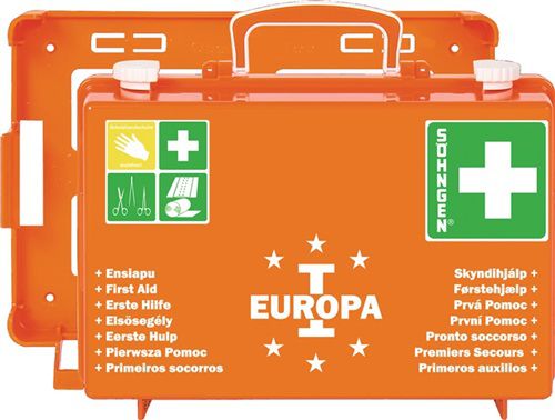 Söhngen Erste-Hilfe-Koffer Europa I gefüllt (mit Wandhalterung, Füllung nach DIN 13157, mit aluderm Verbandspäckchen, Kompressen, Rettungsdecke) orange, 03001356