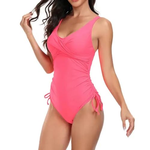 TAUEDR Badeanzug Feste Farbe Bikini Elegant Gegen Nacken Monokini Badeanzug Für Frauen Schnell Trockener Drahtloser Einteiliger Badeanzug Mit Zum Surfen-Pink-M