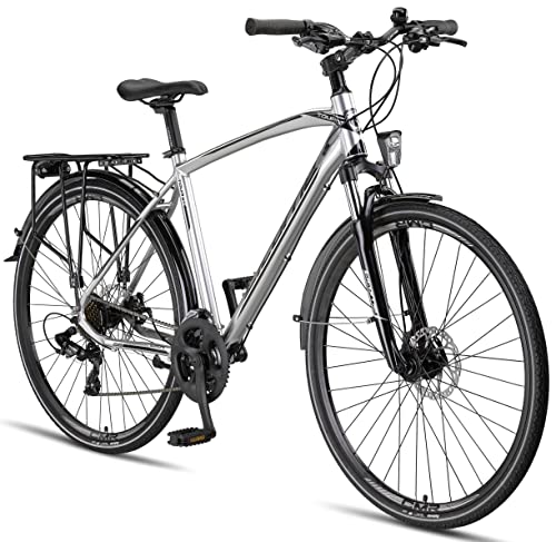 Licorne Bike Premium Touring Trekking Bike in 28 Zoll Aluminium Scheibenbremse Fahrrad für Jungen, Mädchen, Damen und Herren - 21 Gang-Schaltung - Mountainbike - Crossbike (Herren, Silber)