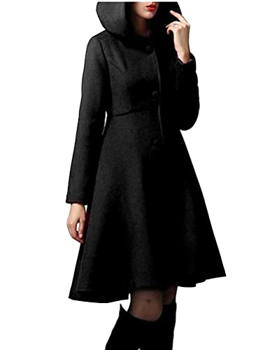 ORANDESIGNE Schwarz Taschen Langarm Elegant Mantel mit Kapuze Damen Ausgestellter Wintermantel Outwear 36