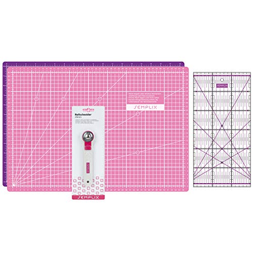 SEMPLIX Schneidematten Set (A3) Ideal für Näh-, Bastel- und Patchworkarbeiten, Schneideunterlage 45 x 30 cm, Rollschneider Mini 28 cm, Patchwork-Lineal 30 x 15 cm (pink/lila)