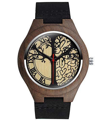 SUPBRO Holzuhren Herren & Damen Unisex Holzuhr Holz-Armbanduhr Analoge Quarzwerk Uhren Armband Natur-Holz Gehirn Baum