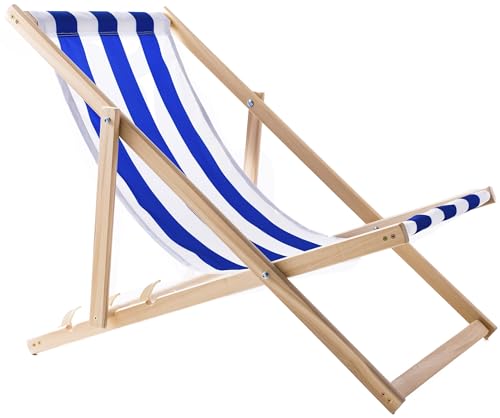 WOODOK Liegestuhl Klappbar - Gartenliege Klappbar bis 120kg, Sonnenliege aus Buchenholz ohne Armlehne - 3-Stufige Rückenlehnenverstellung (Blau/Weiß)