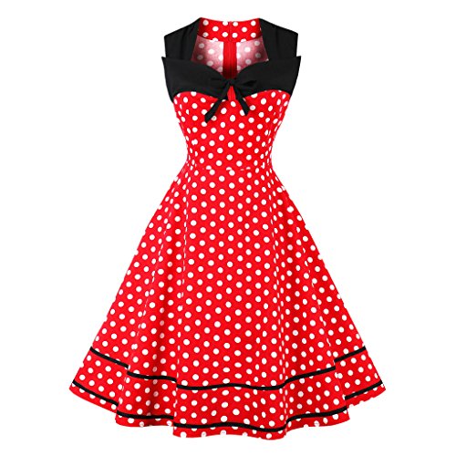 1950er Vintage Kleider Hepburn Stil Polka Dots Rockabilly Cocktail Petticoat Swing Kleid S~4XL (XXL, Rot)