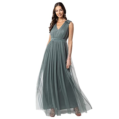 Maya Deluxe Women's Maxi with Ruffle Shoulder Detail Bridesmaid Dress, Misty Green, 48
