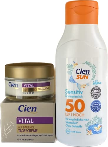 Cien 2er-Set Hautpflege: SENSITIV Sonnenmilch LSF 50 HOCH für empfindliche Haut, UVA + UVB Schutz, ohne Duftstoffe (250 ml) + VITAL TAGESCREME für reife Haut (50 ml), 300 ml