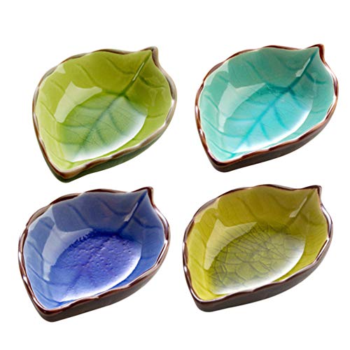 Cabilock Servierteller 4 Stück Keramiksauce Gerichte Mini Blattform Gewürzgerichte Sushi Tauchschale Untertassen Schüssel Vorspeisen Teller (Zufälliges Muster) Keramikplatte