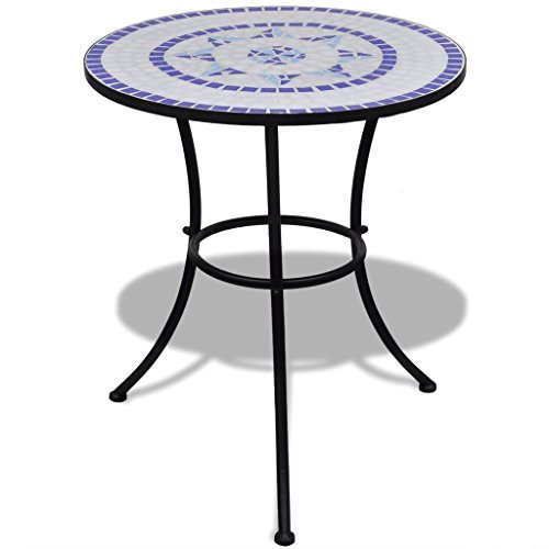 Anself Mosaiktisch Gartentisch Beistelltisch Rund Blau und Weiß 60 cm