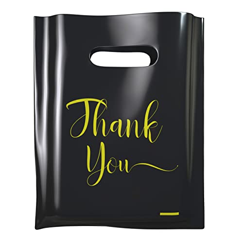 MLAFLY Thank You Bags for Business Small, 100 Pack Plastic Shopping Bags for Small Business, Merchandise Bags for Packaging Products, Retail Boutique Bags for Wholesale (Black, Medium 12x15))