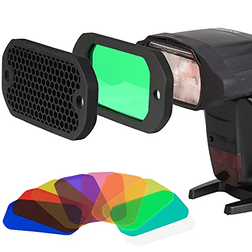 AODELAN Flash-Gele-Filtersätze, universelles Wabengitter mit 8-Farben-Speedlite-Beleuchtungsfilter-Kit für Canon Nikon Sony Godox Yongnuo-Kamera-Blitzlicht