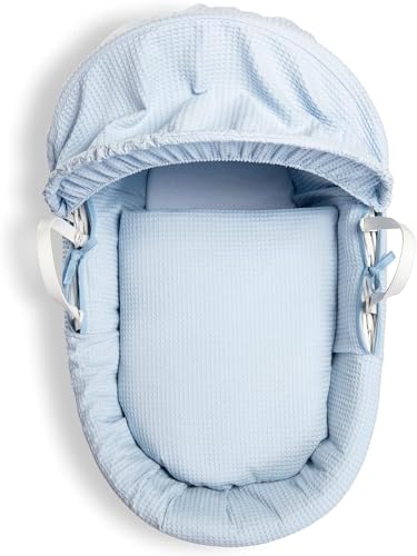 Clair de Lune | Waffel-Bettwäsche-Set für Babykörbchen, universelles Babybettwäsche-Set, hergestellt in Großbritannien (Korb ist Nicht im Lieferumfang enthalten) – (blau)