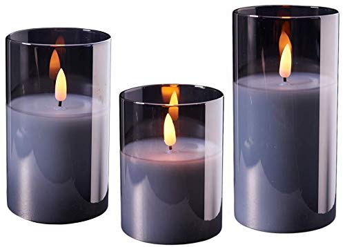 Wunderschöne LED Kerzen im Glas - 3er Set - Timer - Hochwertig & Realistisch - Kerzenset (Grau)