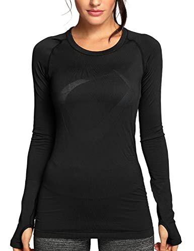 CRZ YOGA Damen Sport Shirt Yoga Shirt Langärmliges T-Shirt - Nahtlos,Laufshirt Fitness Schwarz 40