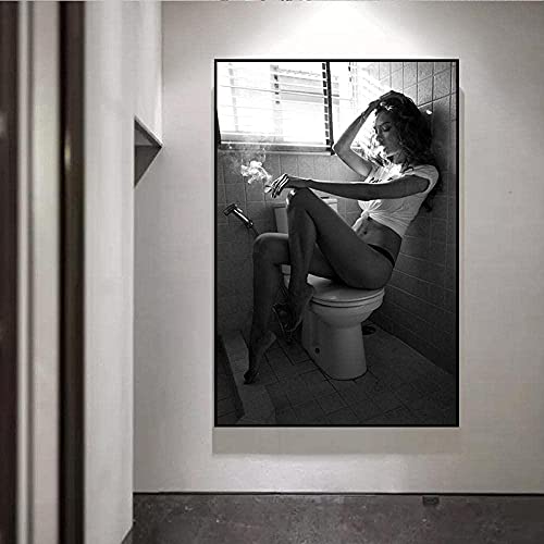 CloudShang Moderne Toilette Sexy Frau Poster Bar Mädchen Rauchen in der Toilette Leinwand Gemälde Badezimmer Wand Bilder Bild Schwarz Weiß Sexy Bild Schlafzimmer Wand Dekor F04134