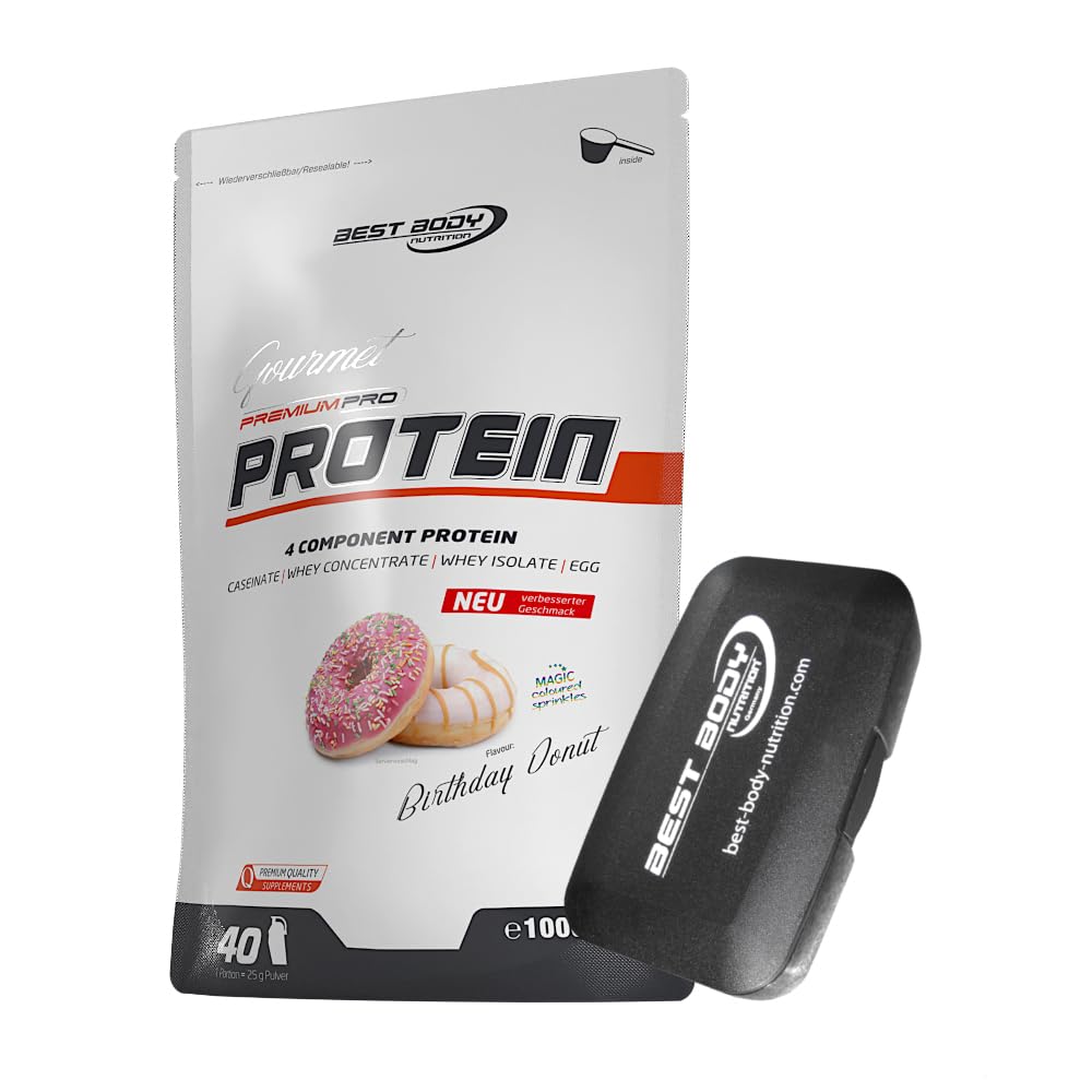 1kg Best Body Nutrition Gourmet 4 Komponenten Protein Eiweißshake - Set inkl. Protein Shaker/Gratiszugabe (Birthday Donut, Best Body Tablettenbox)