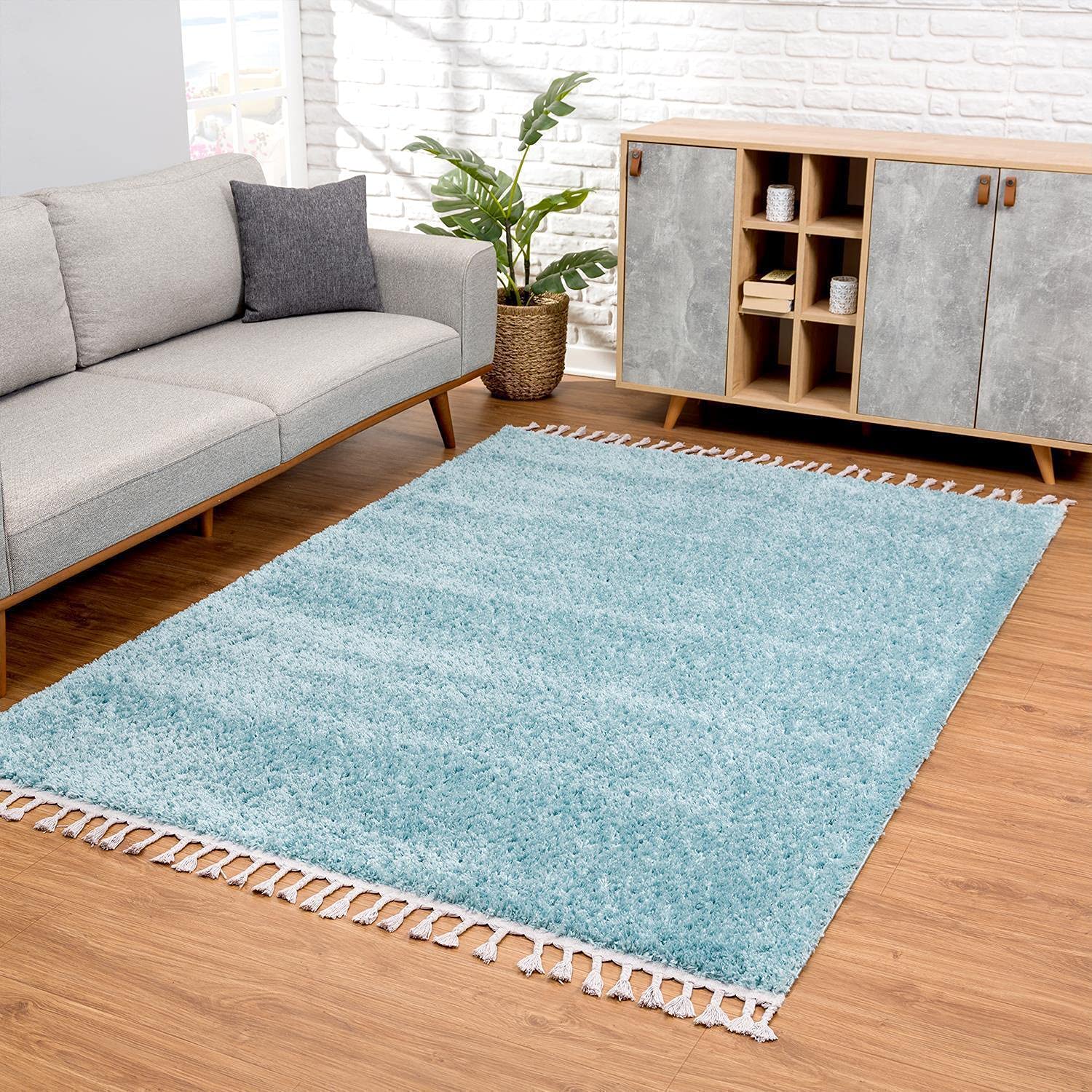 carpet city Teppich Wohnzimmer - Shaggy Hochflor Blau - 140x200 cm Einfarbig - Moderne Teppiche mit Fransen