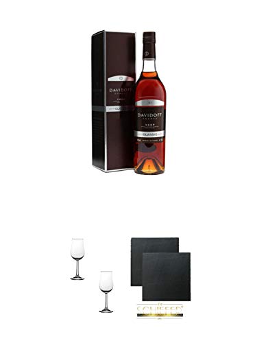 Davidoff Classic VSOP Cognac Frankreich 0,7 Liter + Nosing Gläser Kelchglas Bugatti mit Eichstrich 2cl und 4cl - 2 Stück + Schiefer Glasuntersetzer eckig ca. 9,5 cm Ø 2 Stück