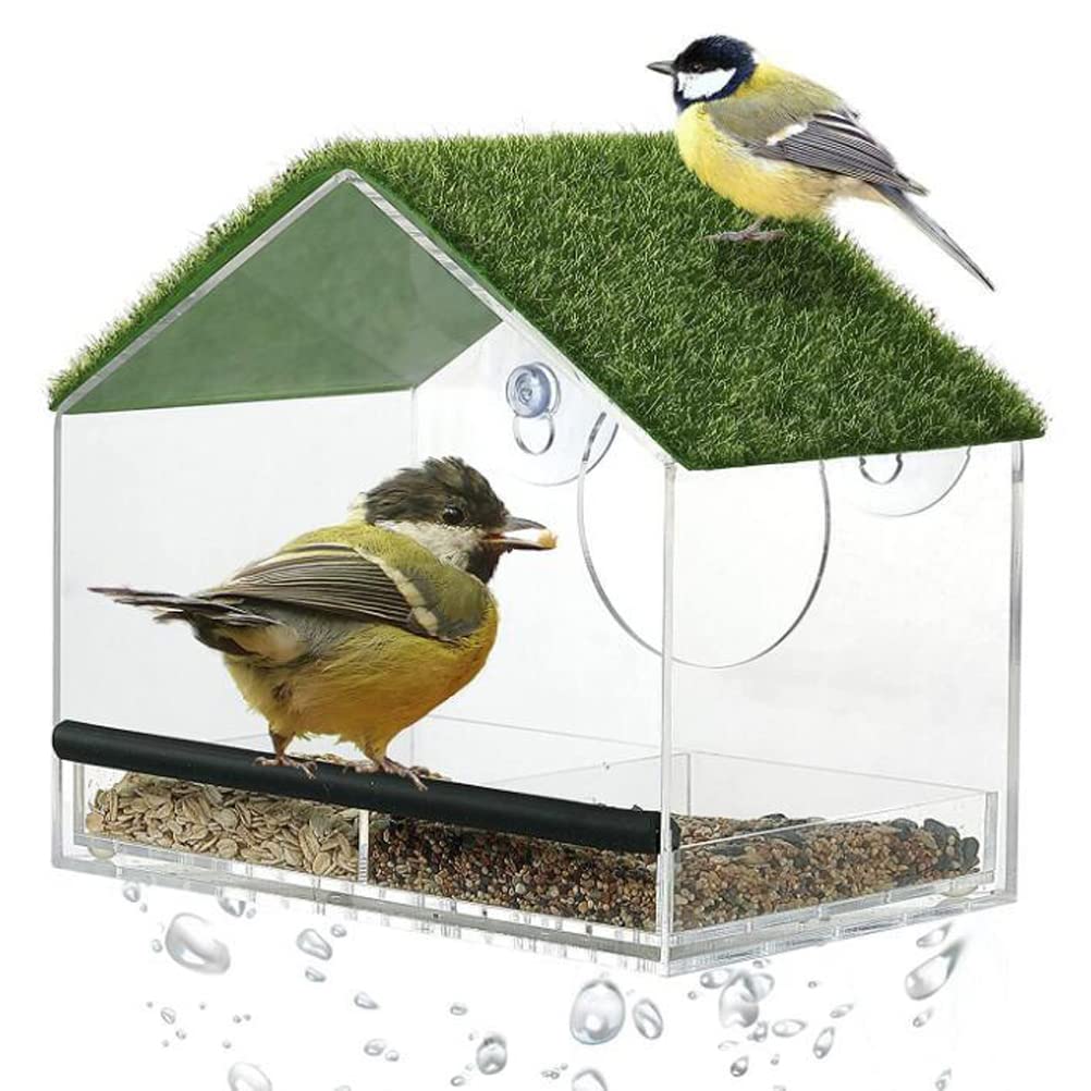HUSHUI Fenster-Vogelfutterhaus, durchsichtiges Fenster-Vogelfutterhaus mit Rasensaugnäpfen und abnehmbarem Saatgutbehälter Fenster-Vogelhausfutterhaus Transparentes Acryl-Haustierfutterhaus
