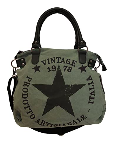 Star Bag Vintage Stern Damen Stamp Tasche Fashion Shopper Henkeltasche Canvas Stoff (Grün)
