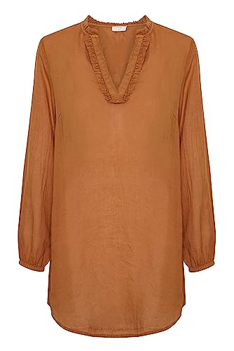 Cream Damen Women's Blouse Tunic Longline V-Neck Frill Details Long Sleeves Tunika-Shirt, Leather Brown, 36