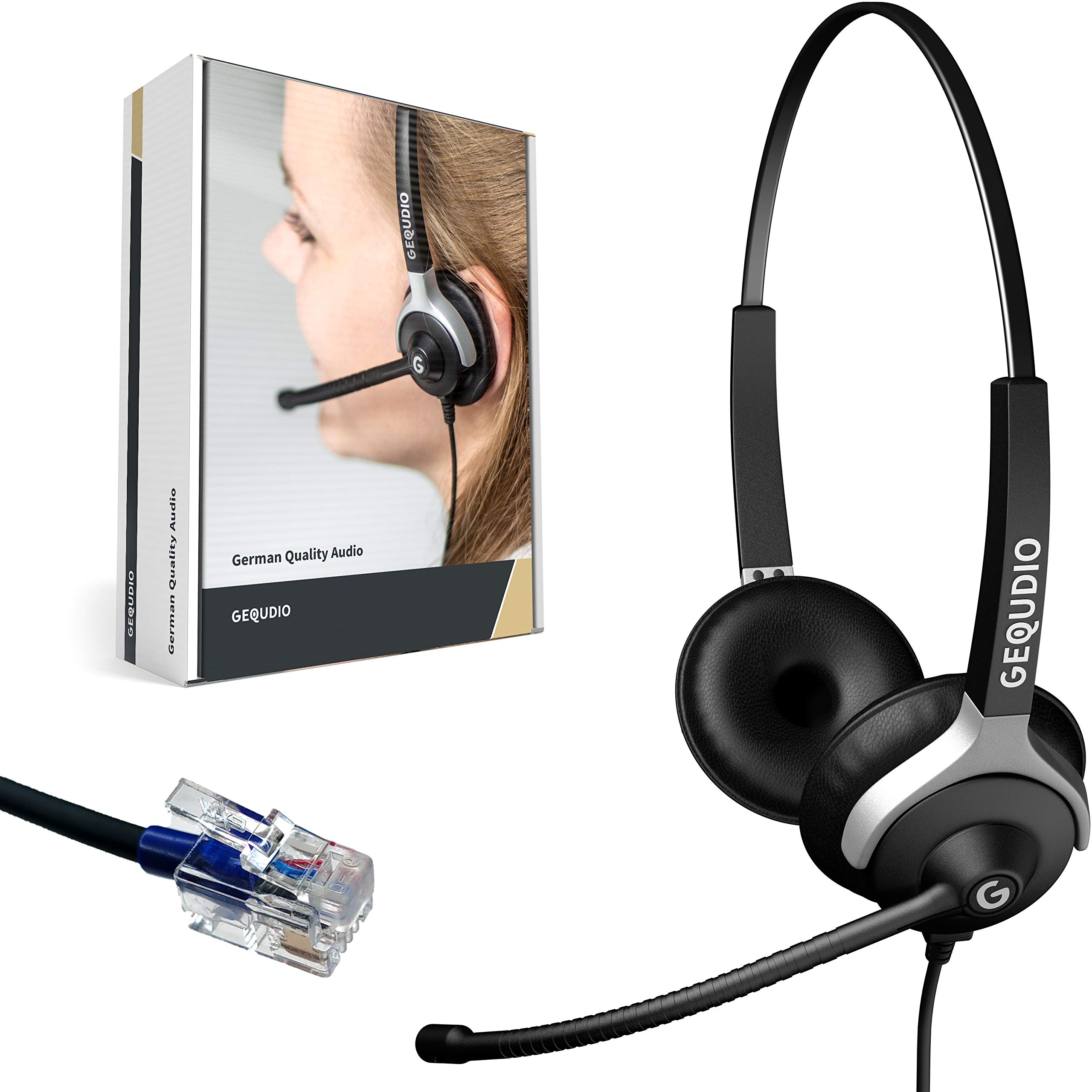 GEQUDIO Headset kompatibel mit Cisco Telefon - inklusive RJ Kabel - Kopfhörer & Mikrofon mit Ersatz Polster - Anschlusskabel flexibel wechselbar - besonders leicht 80g (2-Ohr)