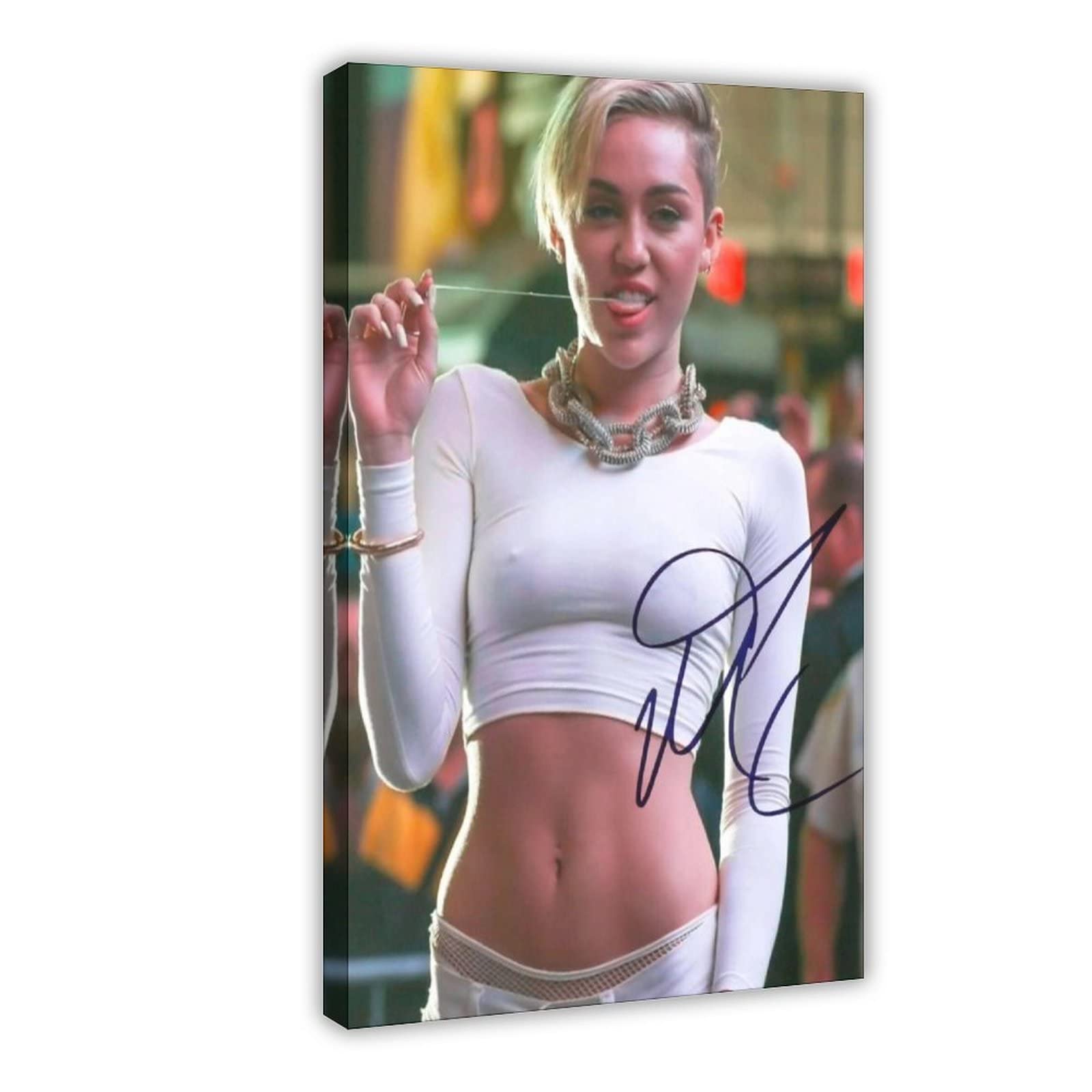 THEGIS Miley Cyrus Leinwandposter mit Autogramm, Schlafzimmer, Dekoration, Sport, Landschaft, Büro, Raumdekoration, Geschenk, Rahmen-Stil, 30 x 45 cm