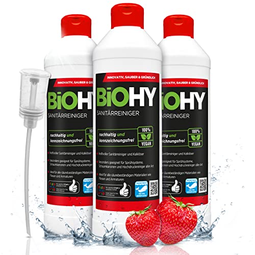 BiOHY Sanitärreiniger (3x500ml Flasche) + Dosierer | Kalkzersetzendes Konzentrat für den Sanitärbereich | Badreiniger mit angenehme & frischen Duft | EXTRA STARK