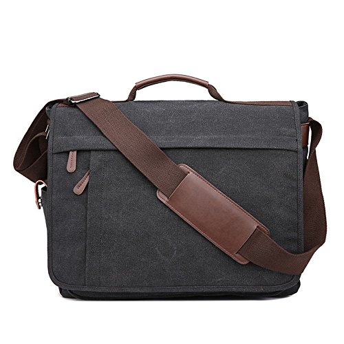 Neuleben Vintage Groß Umhängetasche Schultertasche 17 Zoll Laptoptasche Canvas Messenger Bag Damen Herren (Schwarz)