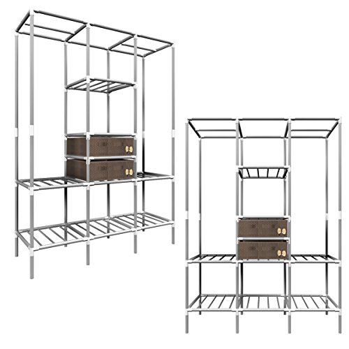 EYEPOWER Offener XL Kleiderschrank Metall Regal 2 Schubladen 178x128x44,5cm Kleiderstangen Faltschrank Flur Garderobe