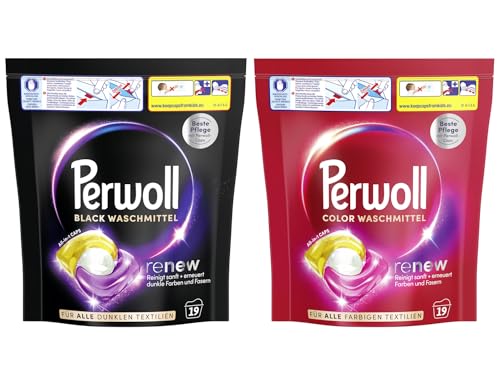 PERWOLL All-in-1 Caps-Set 2x 19 Waschladungen (38WL) 1x Black & 1x Color, All-in-1 Waschmittel Caps-Set reinigen sanft und erneuern Farben & Fasern, mit Dreifach-Renew-Technologie