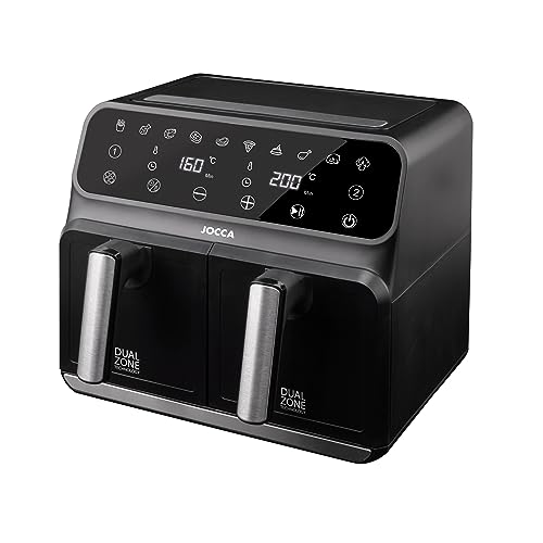 Jocca - Doppelte digitale Heißluftfritteuse 8L mit 2 Schalen | Ölfreie Fritteuse | Luftfritteuse | Gesundes Kochen | 1700W Leistung | Überhitzungsschutz | Cool Touch Griff (Schwarz 4L+4L)