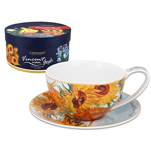 CARMANI - Porzellan-Set für Tee, Kaffee, Cappucino-Tasse und Untertasse mit Vincent Van Gogh, Sonnenblumen 360 ml