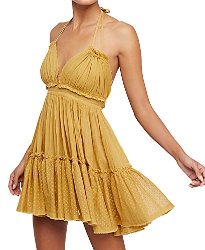 R.Vivimos Damen Sommer Boho Sexy V-Ausschnitt Ärmellos Neckholder Kleid Strandurlaub Kleid(Mittel, Gelb)