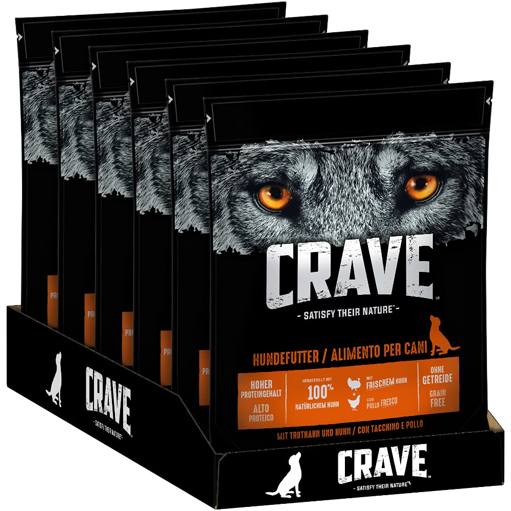 CRAVE Premium Trockenfutter mit Truthahn & Huhn für Hunde – Getreidefreies Adult Hundefutter mit hohem Proteingehalt – 6 x 1 kg