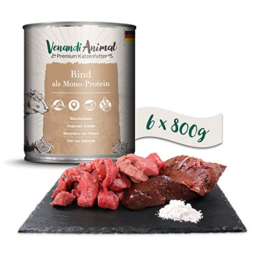 Venandi Animal Premium Nassfutter für Katzen, Rind als Monoprotein, 6 x 800 g, getreidefrei und naturbelassen, 4.8 kg