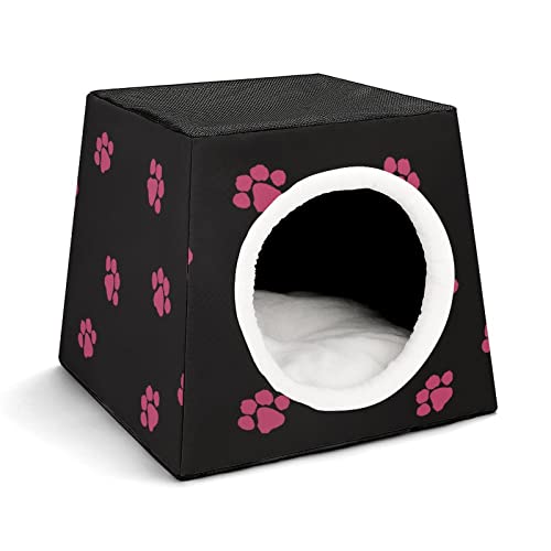 Mode Katzenhöhle für Katzen Hunde Kleintiere Faltbares Katzenhaus Katzenbett Katzensofa mit Flauschiges Kissen Hundepfotenabdruck