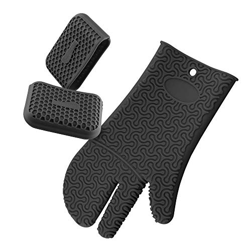 Kochblume Handschuh & Thermo-Fingerschutz 2er Set | Hitzeschutz Set | Premium-Silikon | Hitzebeständig | Spülmaschinenfest | Farbe: anthrazit