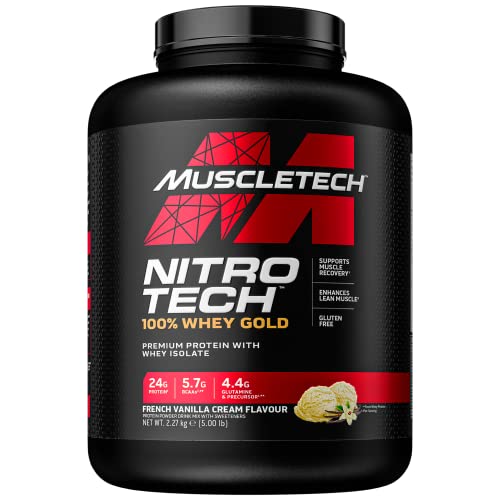 Whey Protein Pulver, MuscleTech Nitro-Tech Whey Gold Protein Isolate & Peptides, Eiweißpulver für den Muskelaufbau, Proteinpulver für Männer und Frauen, Vanille, 2.51 kg (77 Portionen)