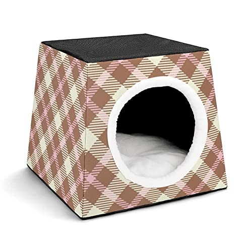 Personalisiertes Katzenhaus Katzenbett Bedruckte Katzenwürfel Katzenhöhle für Kleintiere mit Abnehmbarem Matte Braun kariert