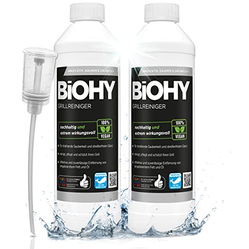 BiOHY Grillreiniger (2 x 500ml) + Dosierer | Reiniger für Holzkohle-, Gas- und Elektrogrill | Aktivschaum gegen angebranntes Fett und Öl | Materialschonend, effektiv und nachhaltig