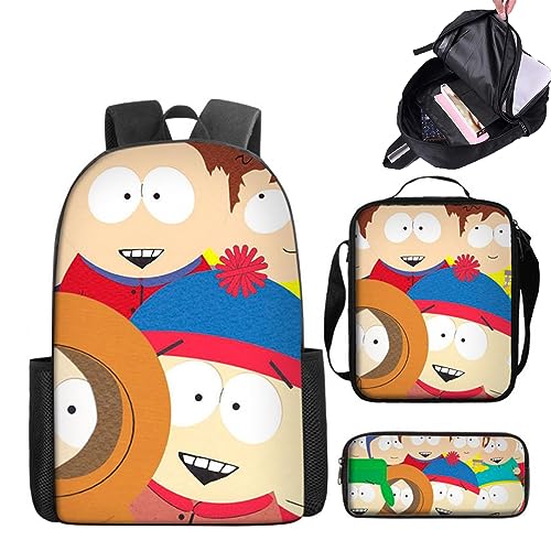 AVCULT South Park Backpack, 3D Cartoon Character School Backpack, 3 Piece Backpack Set, 3Pcs Set South The Park Backpack, Backpacks Crossbody Bag Pencil Case, Holiday Surprise