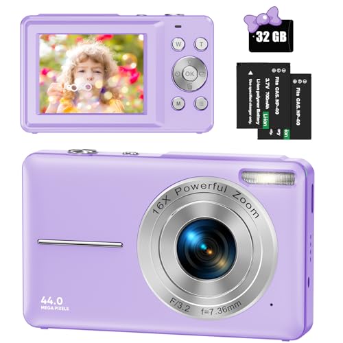 Digitalkamera 44MP 1080P HD Fotokamera mit 32GB Speicherkarte, Kompaktkamera 16X Digitalzoom mit 2 Wiederaufladbaren Akkus, Fotoapparat für Kinder, Teenager, Anfänger, Jungen, Mädchen(Lila)