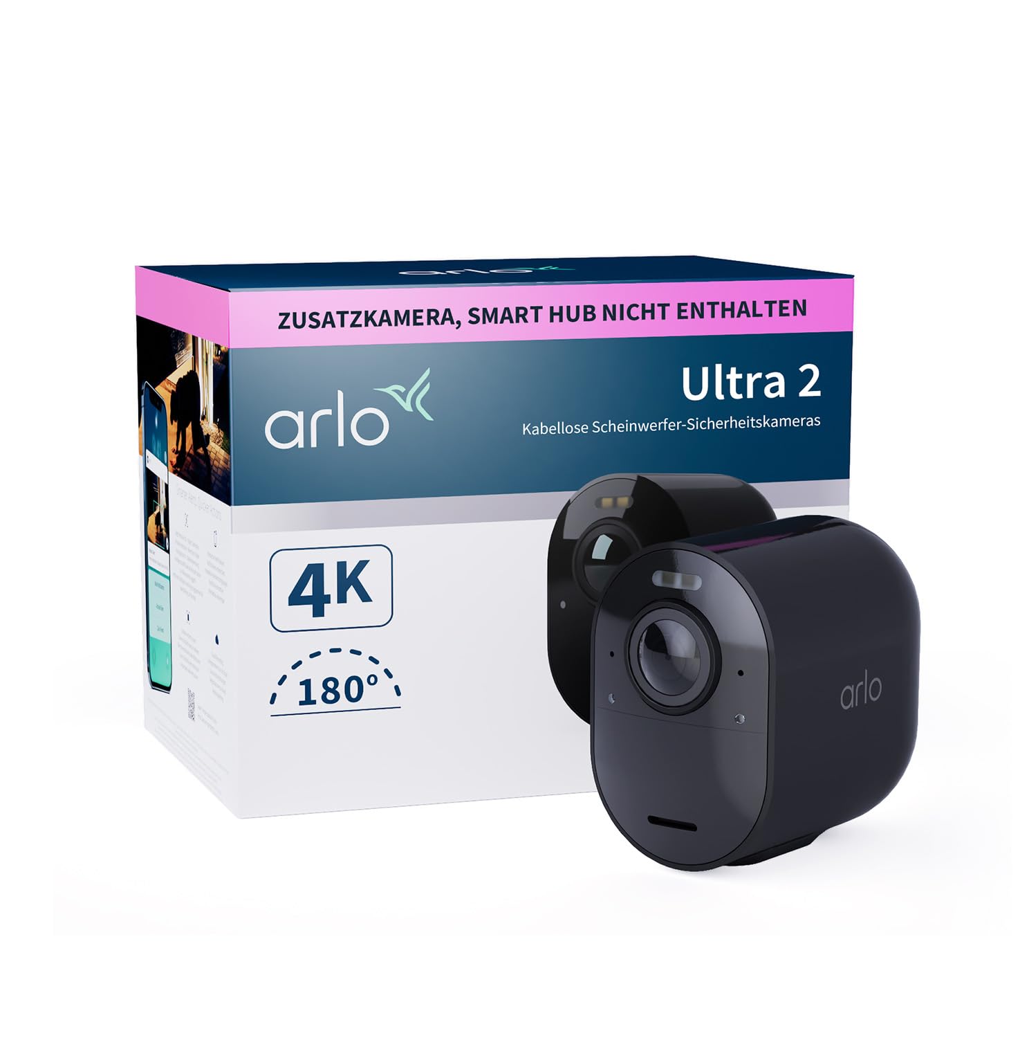Arlo Ultra 2 Überwachungskamera Aussen WLAN, Kabellos, 4K UHD Qualitätsprodukt, 180° Sichtfeld, Spotlight, Farb-Nachtsicht, Bewegungsmelder, Alarm Sirene, Zusatzkamera mit Akku, SmartHub Benötigt