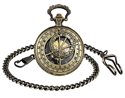 SUPBRO Damen Herren Taschenuhr Analog Mechanische Kettenuhr Uhr Pocket Watch mit Kette Pullover Kette Meridian Bronze