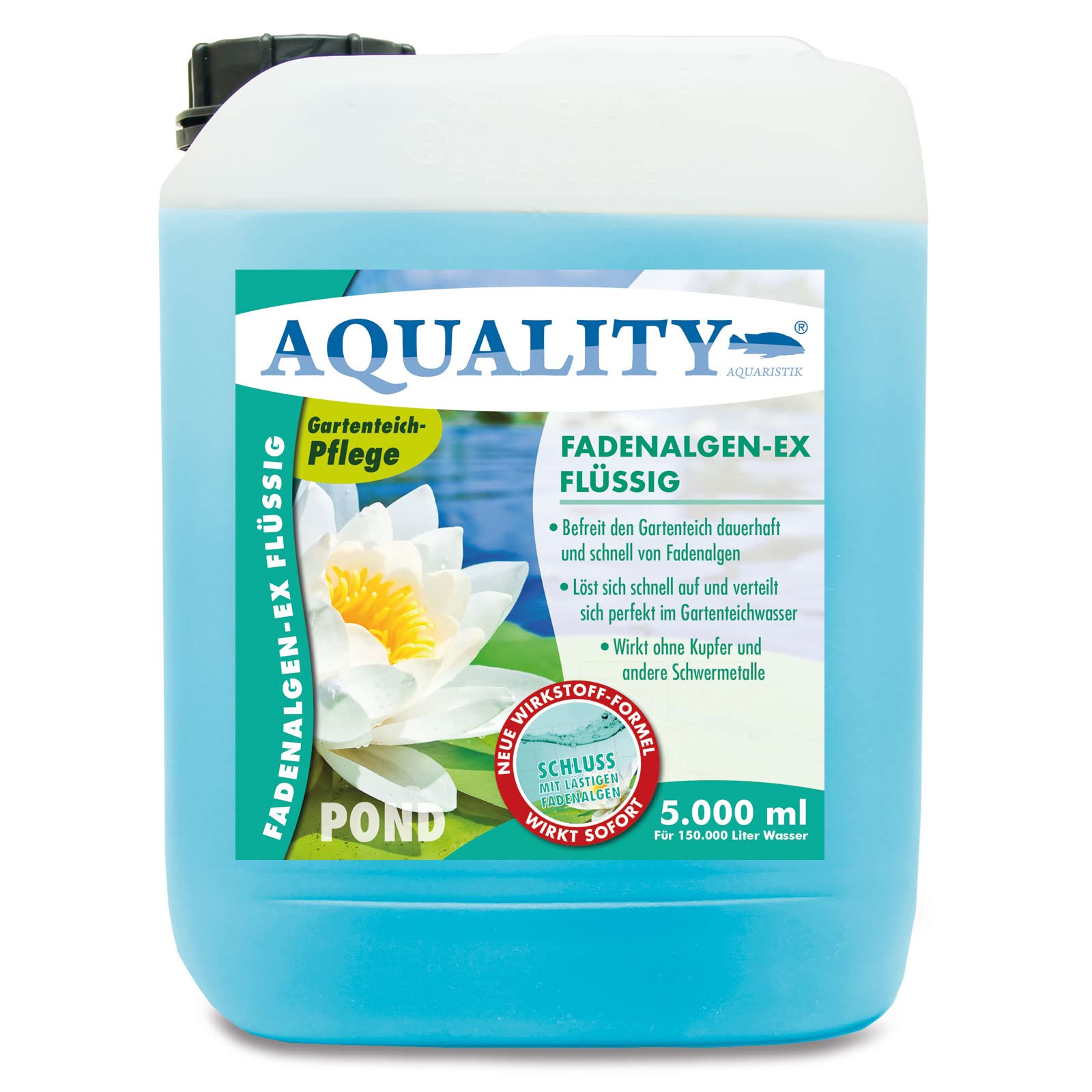 AQUALITY Gartenteich Fadenalgen-EX Flüssig (Flüssiger Fadenalgenvernichter, Algenmittel, Algenentferner. Löst Sich schnell im Teich auf), Inhalt:5 Liter