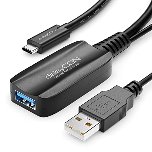 deleyCON 10m Aktive USB Verlängerung mit Signalverstärker USB 3.2 Gen1 (USB3.0 mit 5GBit/s) USB-C auf USB-A PC Computer Laptop Smartphone Tablet
