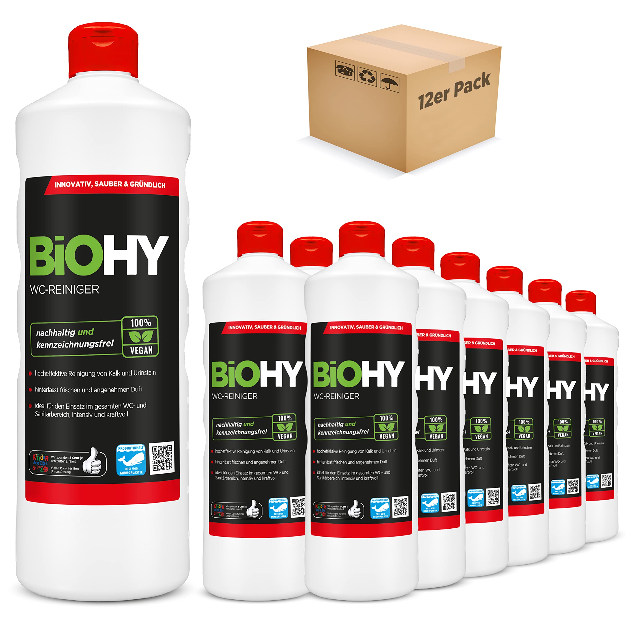 BiOHY WC-Reiniger (12 x 1 Liter) | Bio Toilettenreiniger mit frischem Schaum | EXTRA STARK | Badreiniger Gel wirkt effektiv gegen Kalk & Urin | säubert die Toilette blitzschnell