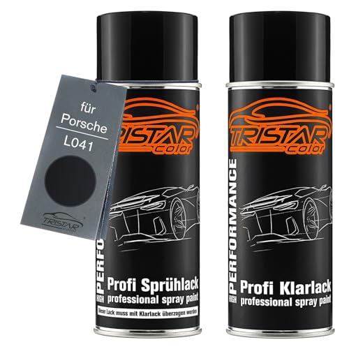 TRISTARcolor Autolack Spraydosen Set für Porsche L041 Tief Schwarz/Black Basislack Klarlack Sprühdose 400ml