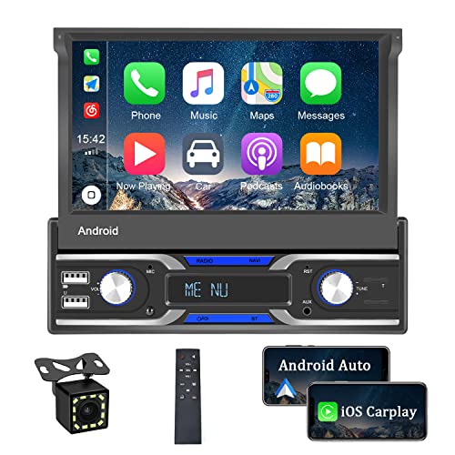 OiLiehu 1 Din Autoradio Bluetooth mit Car Play, 7 Zoll HD Touchscreen Android Auto Unterstützung Navigation/GPS/FM, Support WiFi/SWC/AUX-in + Rückfahrkamera/Fernbedienung (1 Din Autoradio)