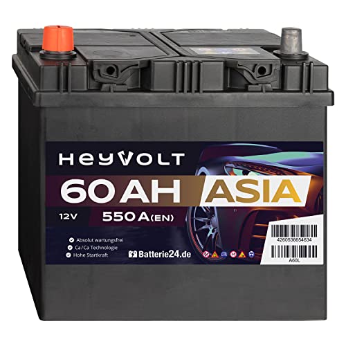 HeyVolt Asia Autobatterie 12V 60Ah 550A/EN Starterbatterie, absolut wartungsfrei, Pluspol Links